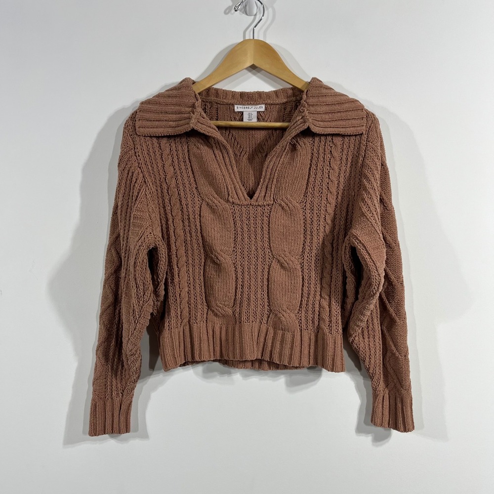Sincerely Jules Brown Cable Knit Fisherman Sweater Collared Womens Small Preppy